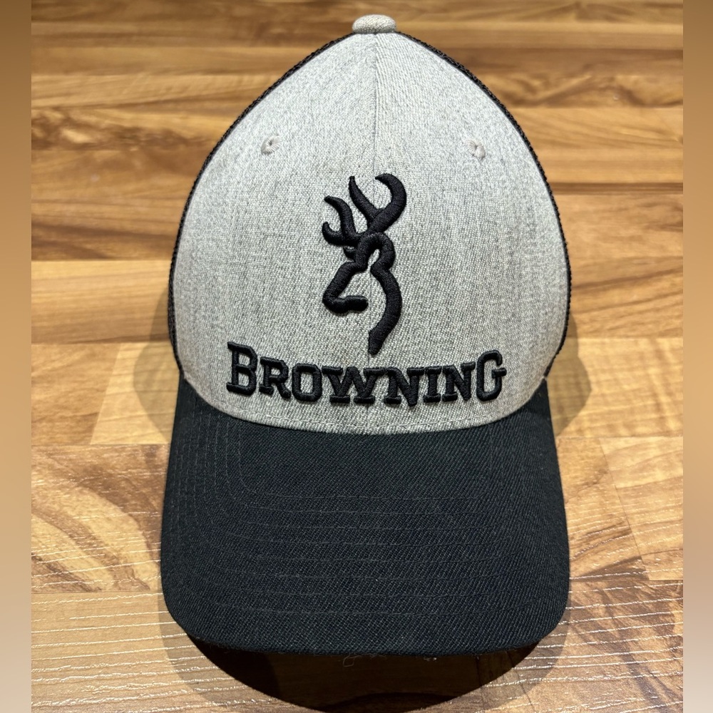 Browning Flexfit Baseball Cap Hat Heathered Gray Black Wool Blend S/M